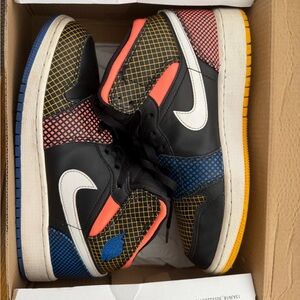 Nike Air Jordan 1 Mid - Multi Grid yellow blue bottoms Sz. 6 Youth or 7.5 Women